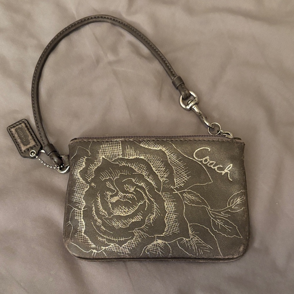 Coach Brown/Gray Wristlet with Rose Pattern